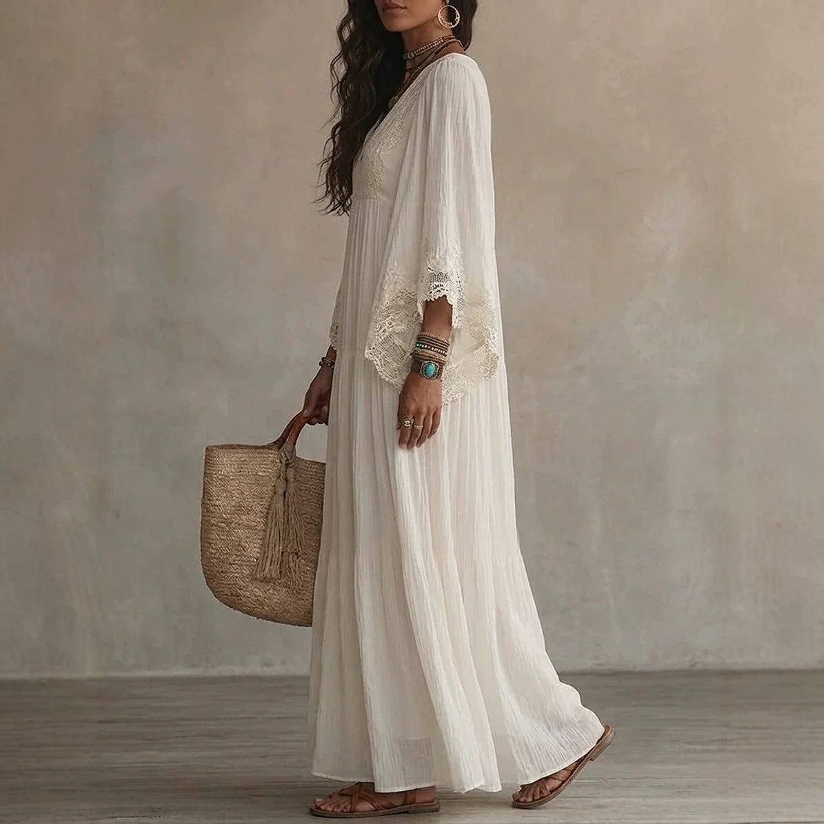 Finiks Gravity | Women's Lace Trim V-Neck Flowy Maxi Dress | Product image 10