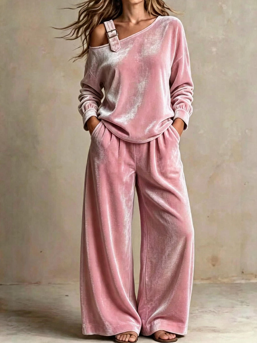 Women's Velvet Off-Shoulder Two-Piece Pants Set - alternate view