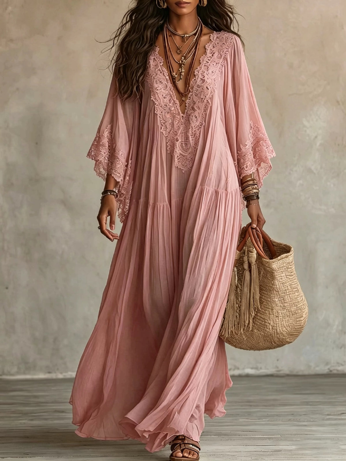 Finiks Gravity | Women's Lace Trim V-Neck Flowy Maxi Dress | Product image 12