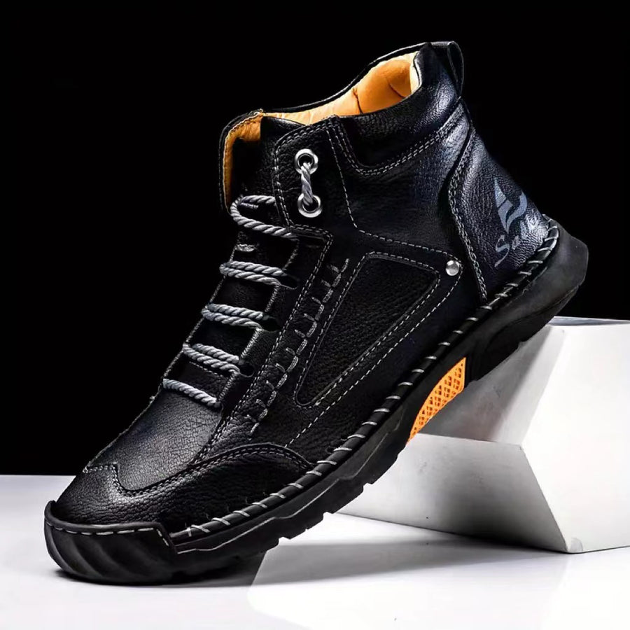 Hand-Stitched PU Leather Lace-Up Ankle Boots - alternate view