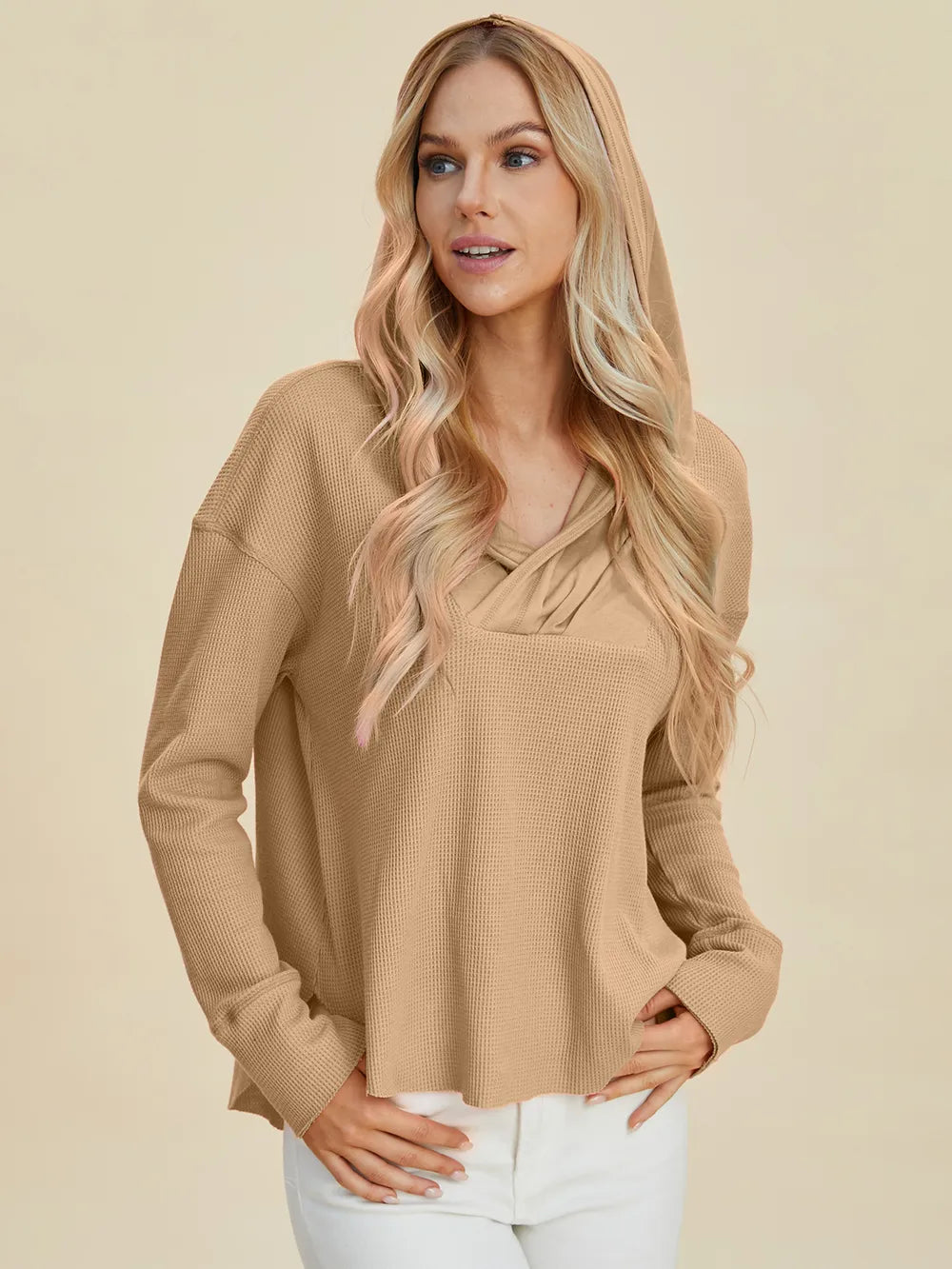 Double Take camel high-low hoodie side view