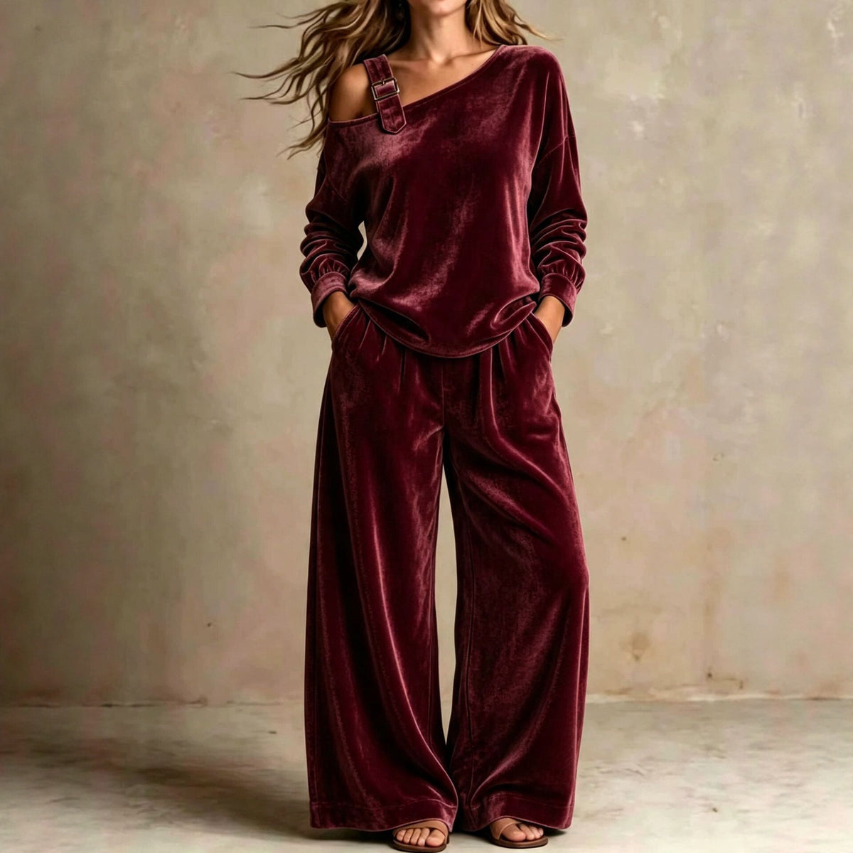Finiks Gravity | Women's Velvet Off-Shoulder Two-Piece Pants Set | Product image 7