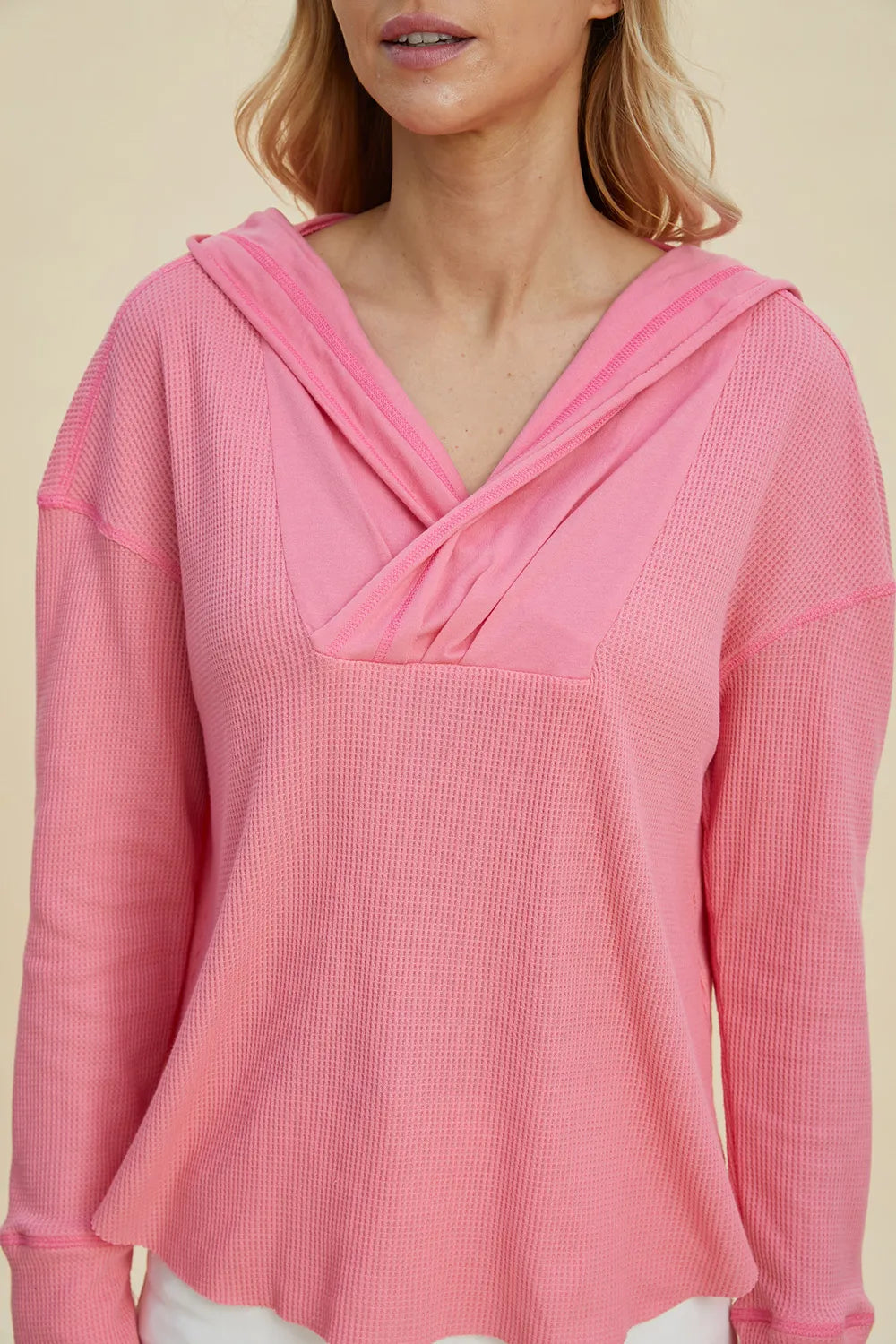 Double Take pink high-low hoodie back view
