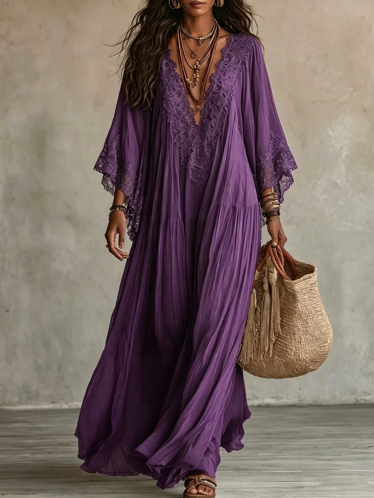 Finiks Gravity | Women's Lace Trim V-Neck Flowy Maxi Dress | Product image 13
