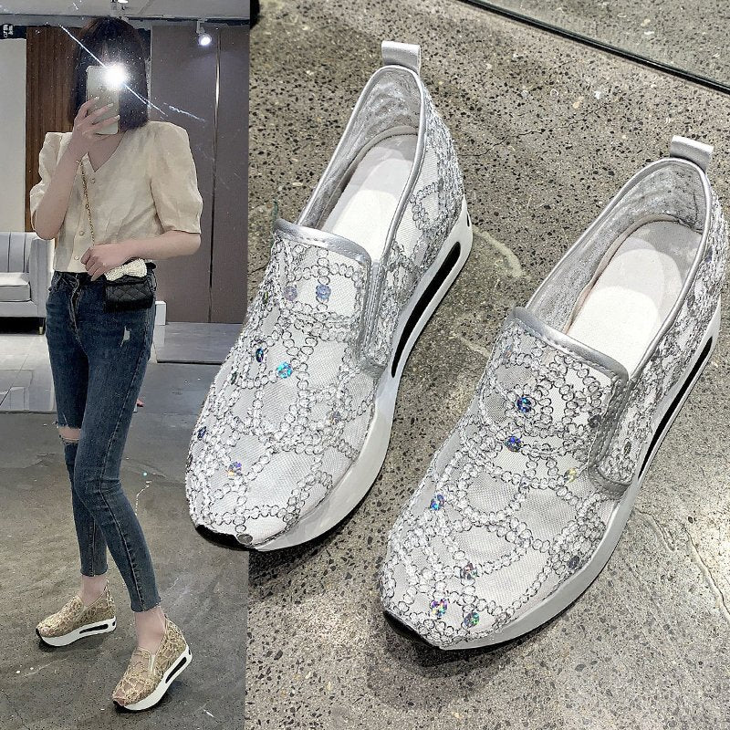 Women’s Metallic Platform Slip-On Shoes – Gold & Silver Mesh Sneakers