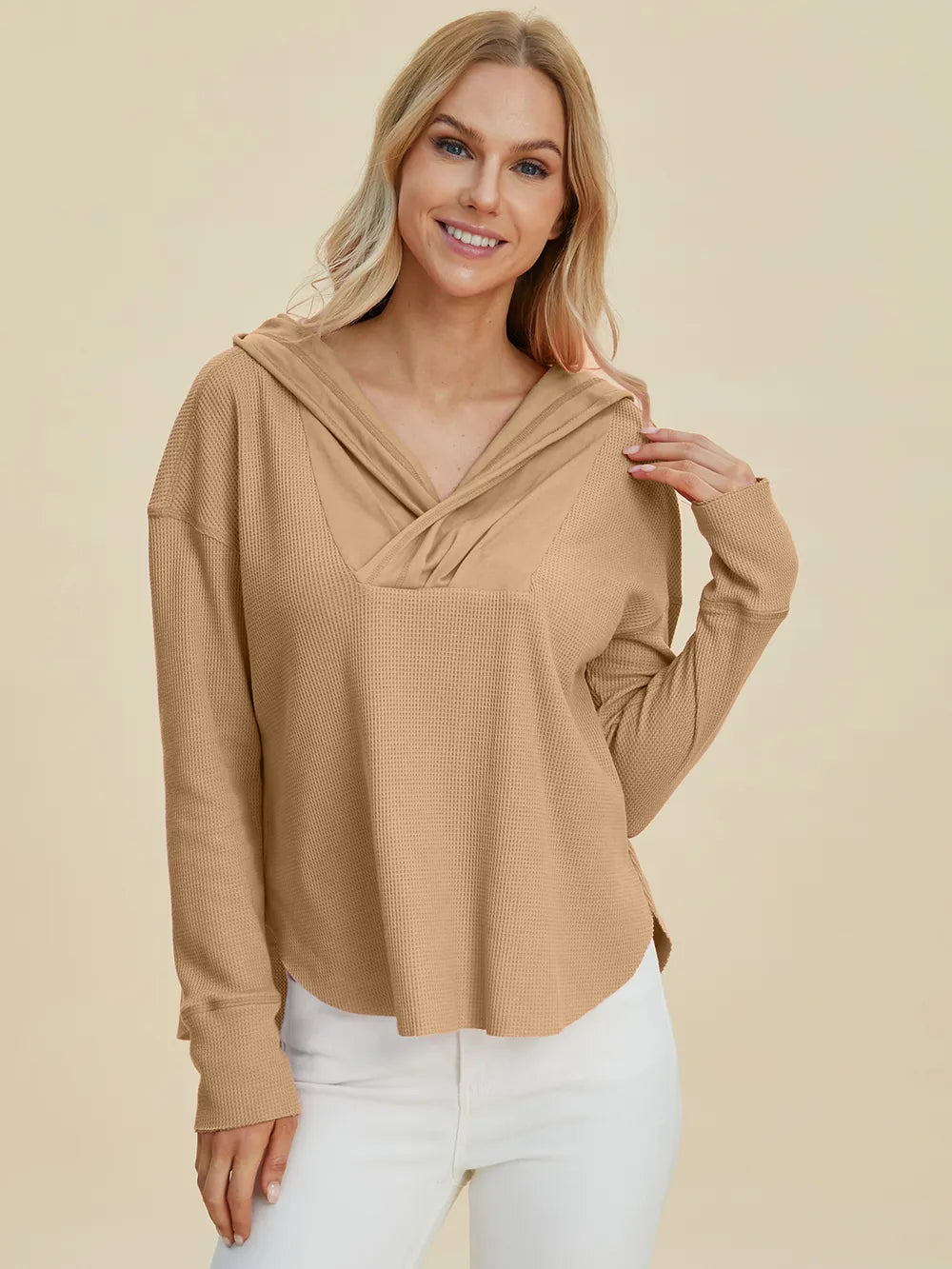 Double Take camel high-low dropped shoulder hoodie front view