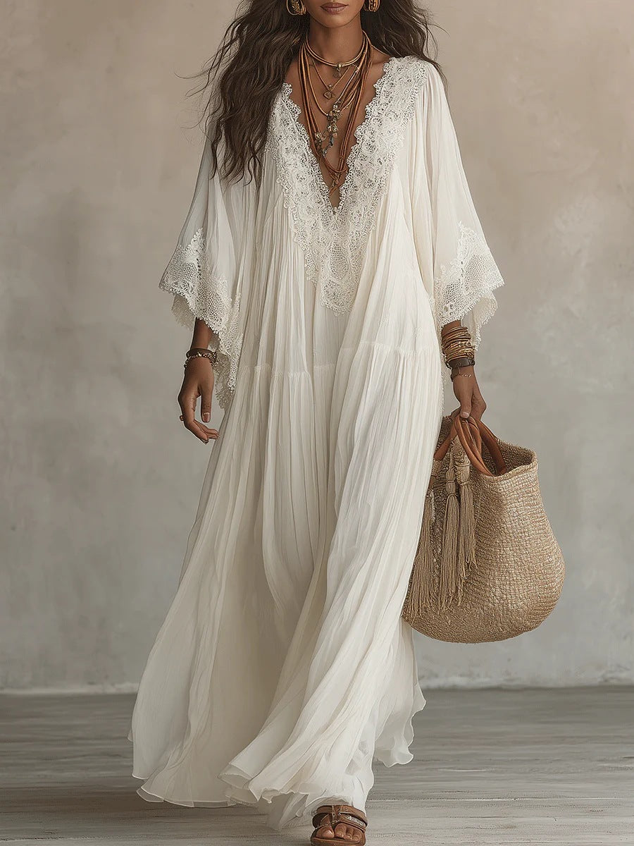 Finiks Gravity | Women's Lace Trim V-Neck Flowy Maxi Dress | Product image 4