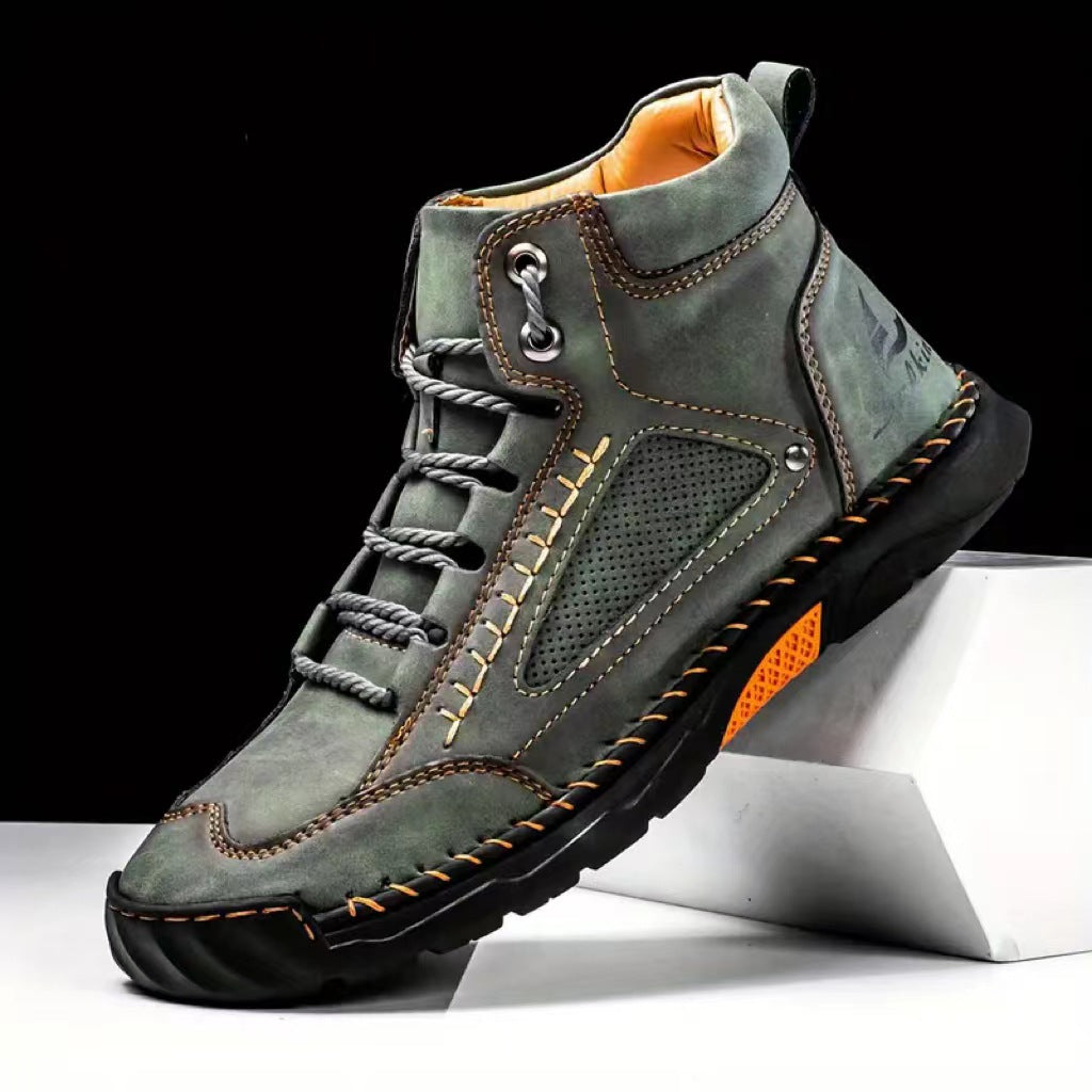 Green hand-stitched PU leather lace-up ankle boots with round toe and rubber sole