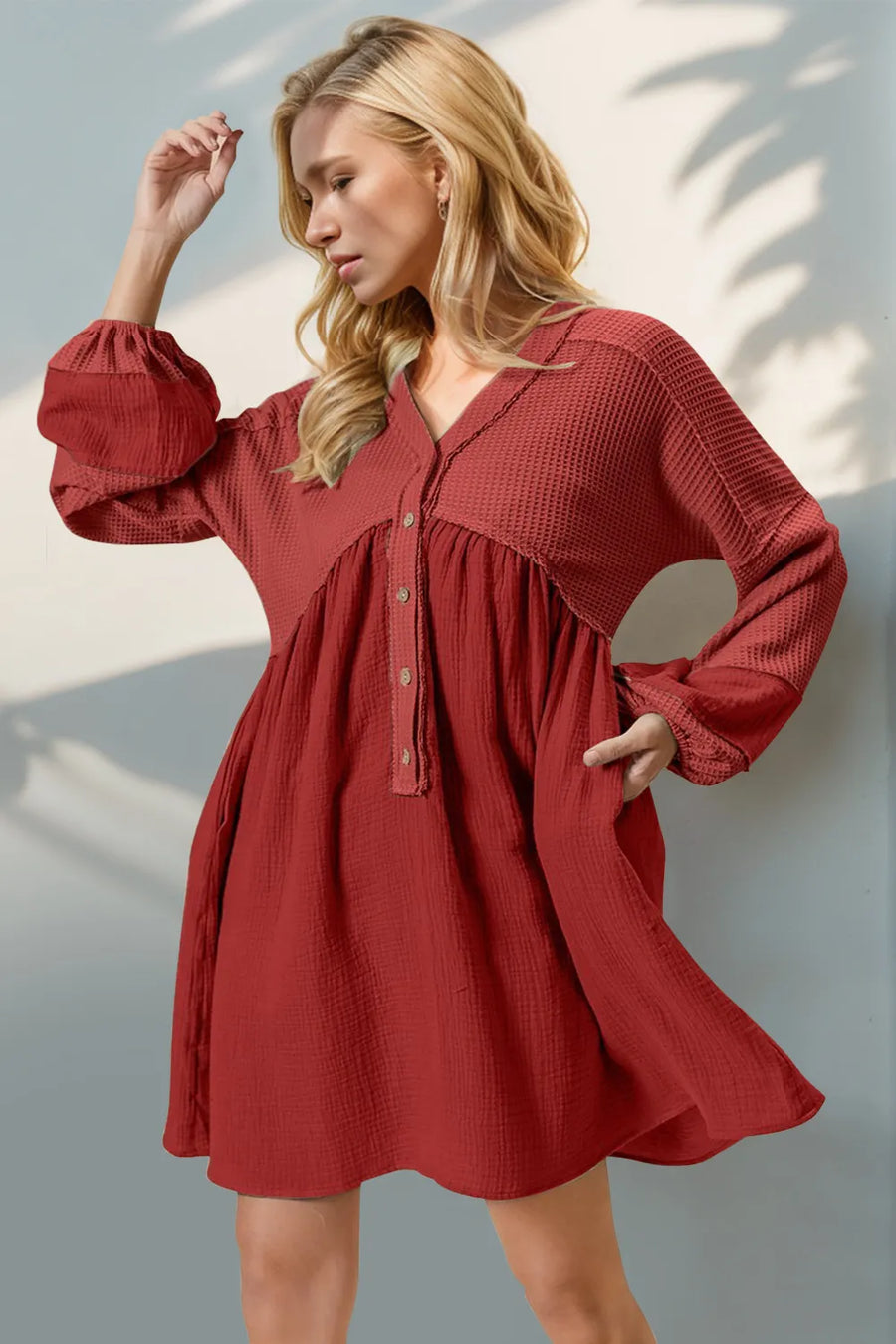 Waffle Knit V Neck Long Sleeve Mini Dress - alternate view