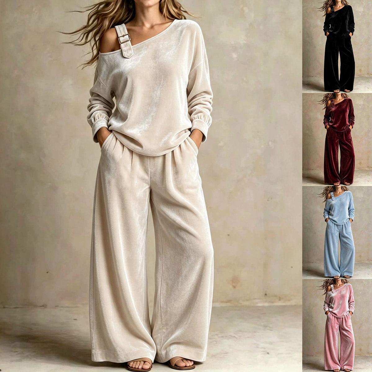 Finiks Gravity | Women's Velvet Off-Shoulder Two-Piece Pants Set | Product image 1