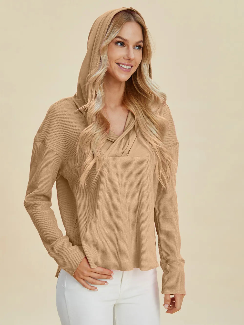 Double Take camel dropped shoulder hoodie back view