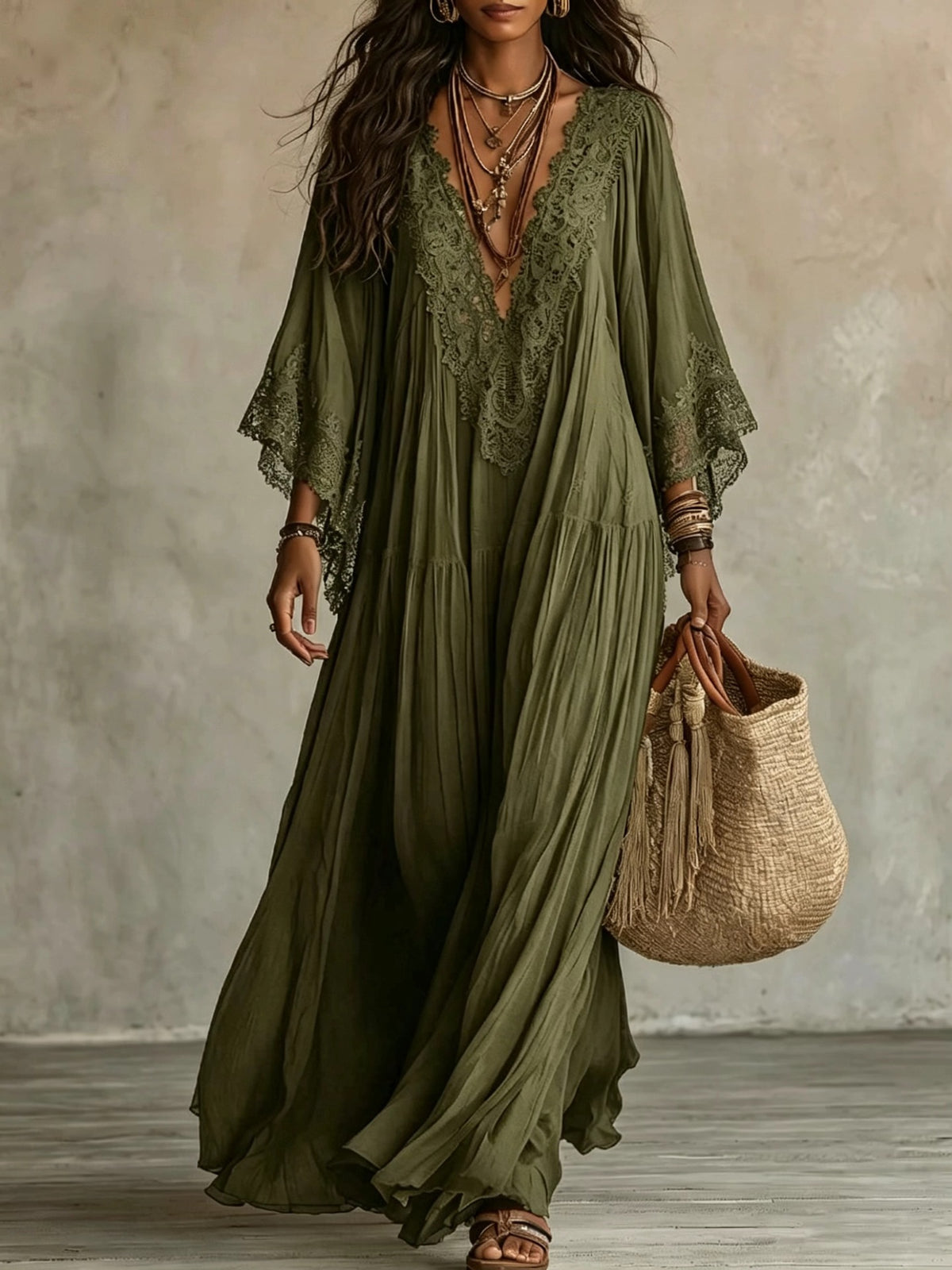 Finiks Gravity | Women's Lace Trim V-Neck Flowy Maxi Dress | Product image 11
