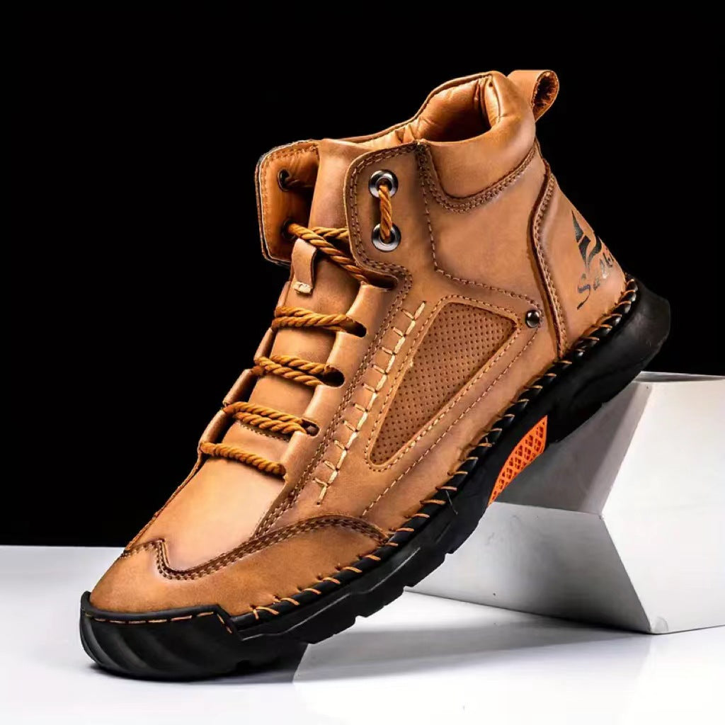 Yellow brown hand-stitched PU leather lace-up ankle boots with round toe and rubber sole