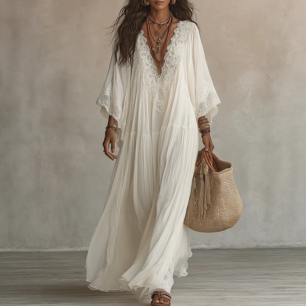 Finiks Gravity | Women's Lace Trim V-Neck Flowy Maxi Dress | Product image 5