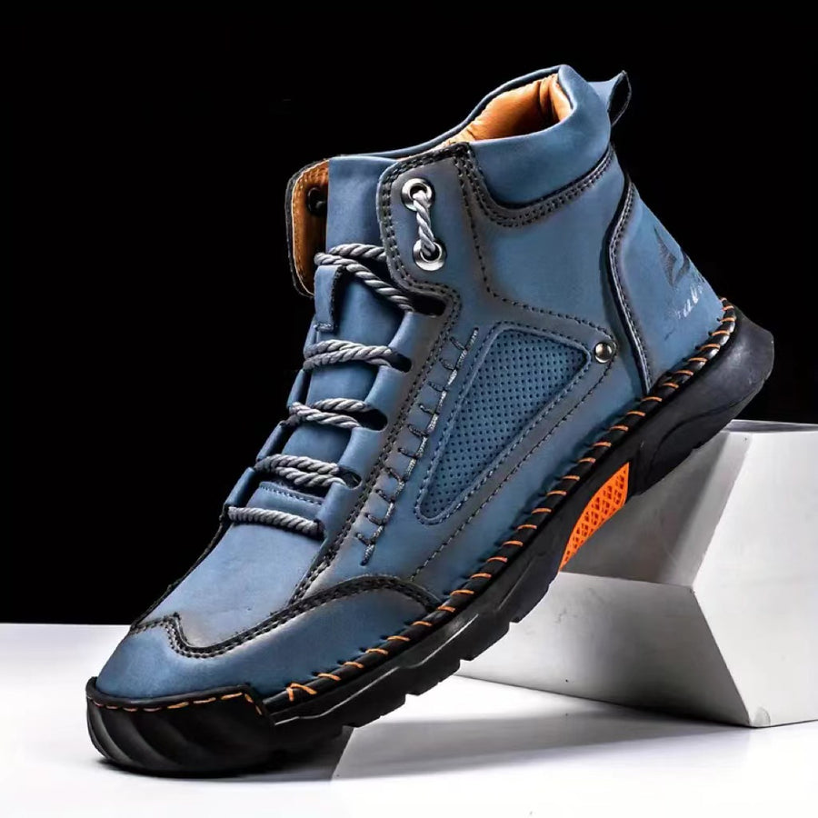 Hand-Stitched PU Leather Lace-Up Ankle Boots