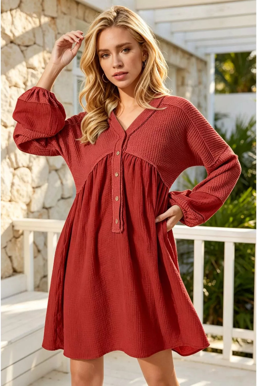 Waffle Knit V Neck Long Sleeve Mini Dress