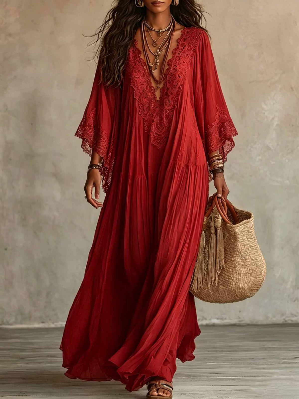 Finiks Gravity | Women's Lace Trim V-Neck Flowy Maxi Dress | Product image 14