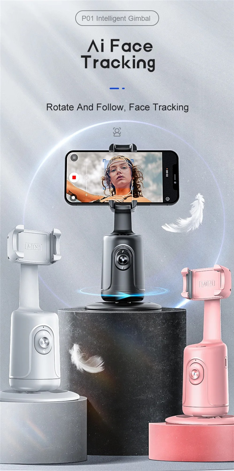360 AI face tracking phone holder in black white and pink